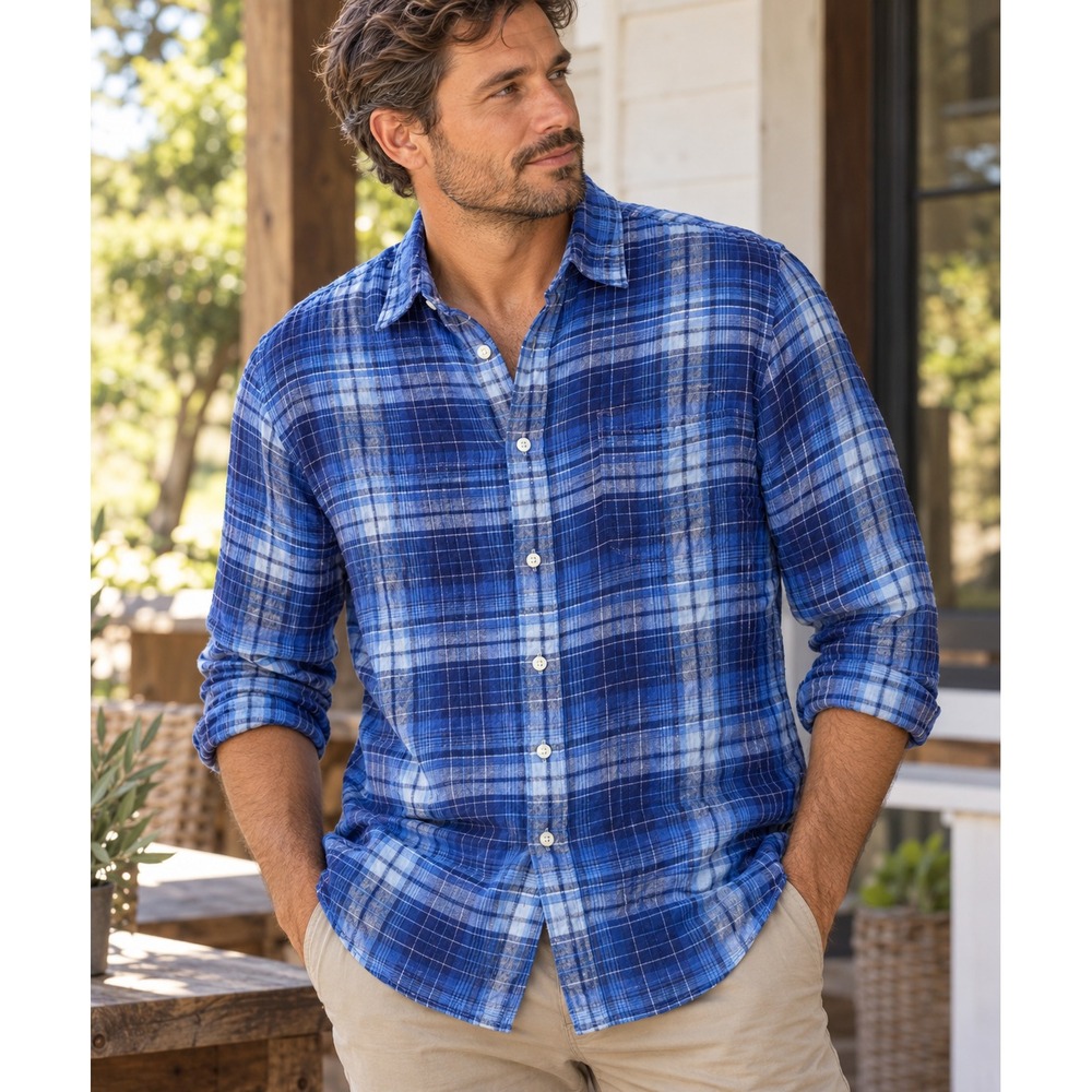 J.Crew Slim Fit 100% Linen Blue Plaid Button Down Shirt Men's Large Coastal